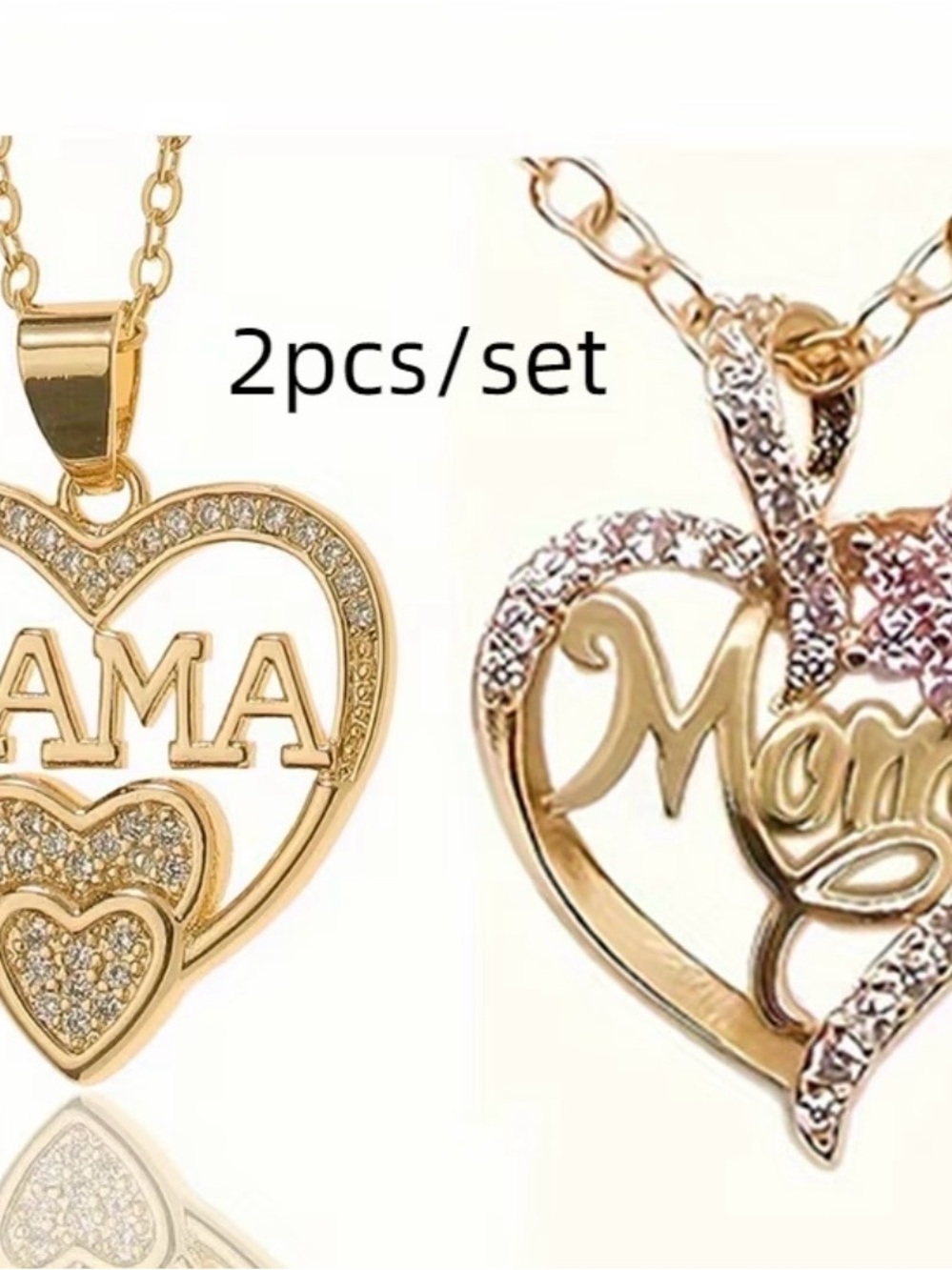 Gold Mama Heart Pendant Necklace Set - Sparkling Crystal Accents
